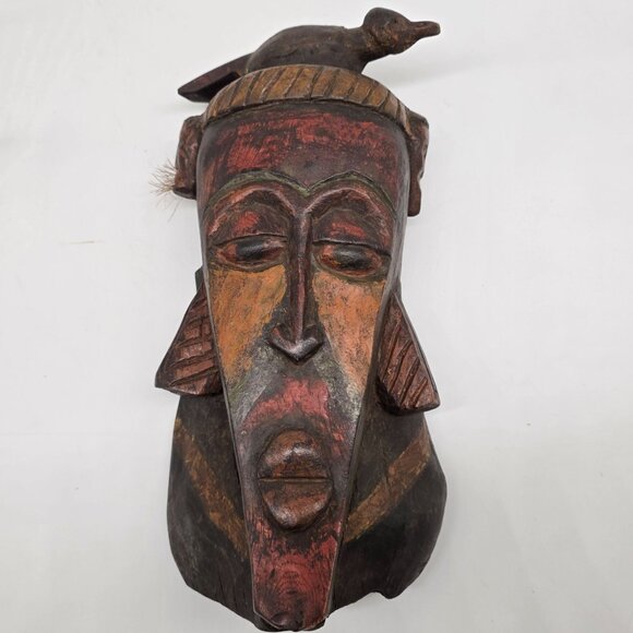 African Tribal Handcarved Wooden Mask With Bird Sculpture Decoration - Picture 1 of 10